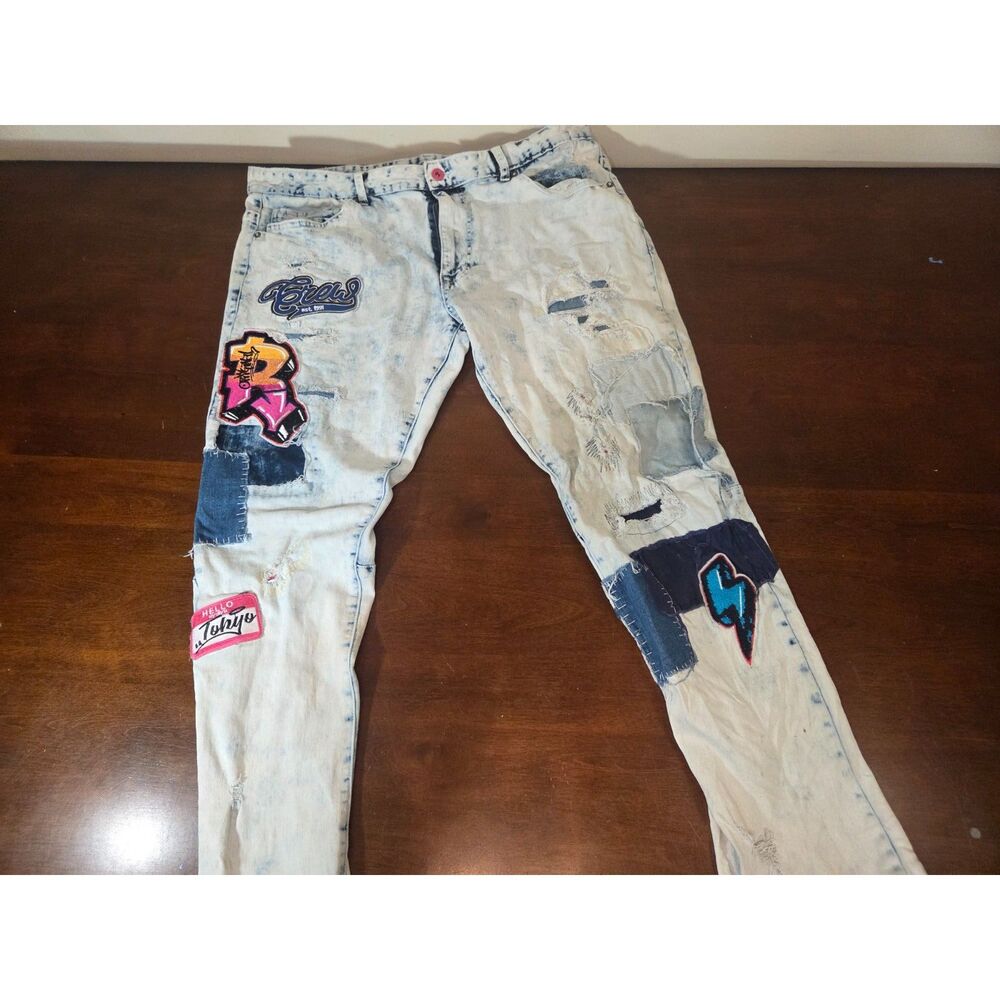​Smoke Rise Distressed Patchwork Jeans Mens 42x32 Acid Wash Graffiti Streetwear